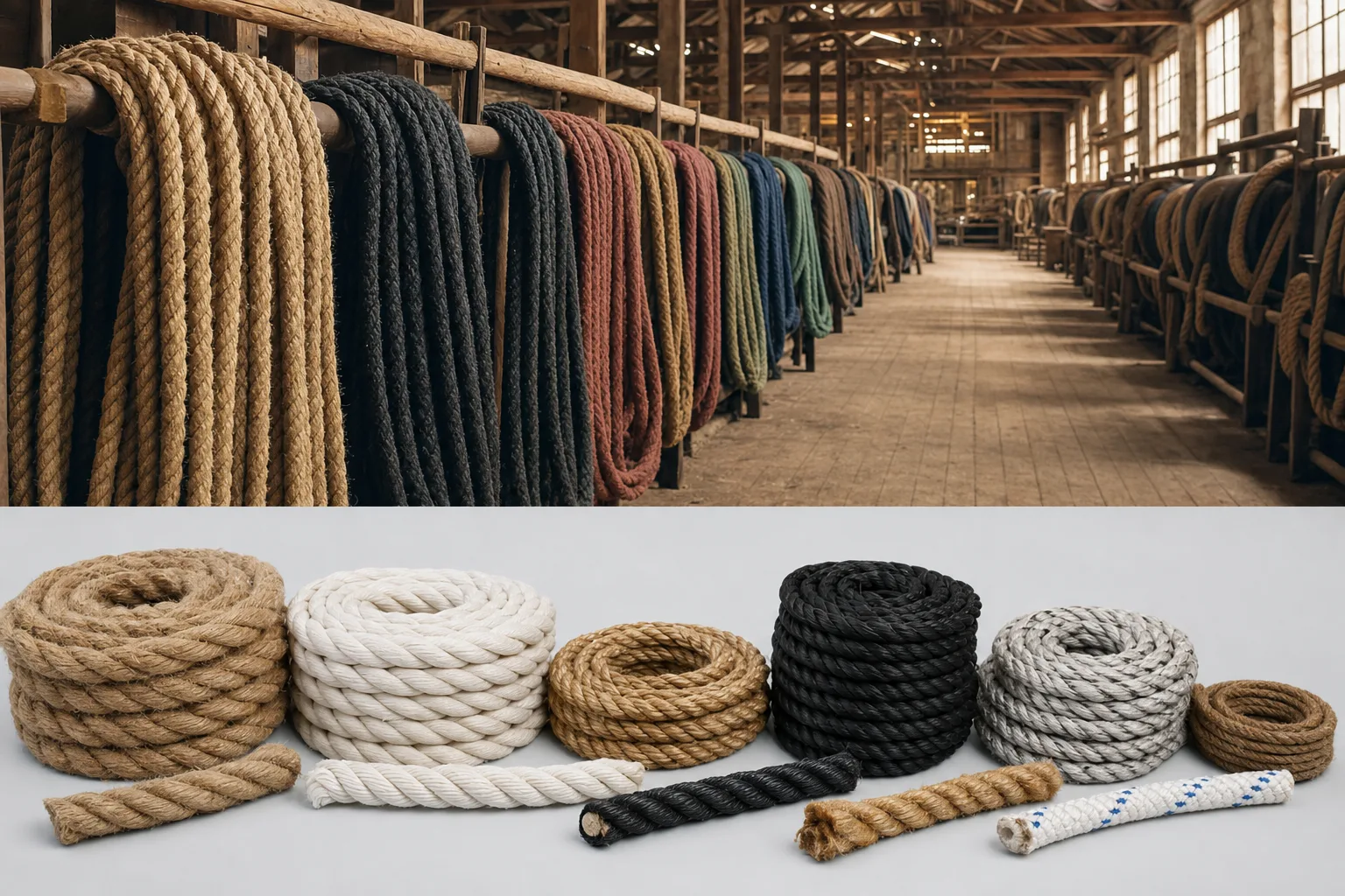 Coils of rope on wooden racks in a traditional rope works