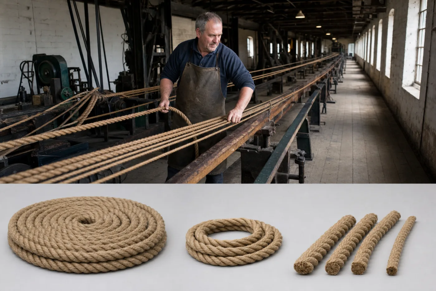 A ropemaker laying strands along a traditional ropewalk